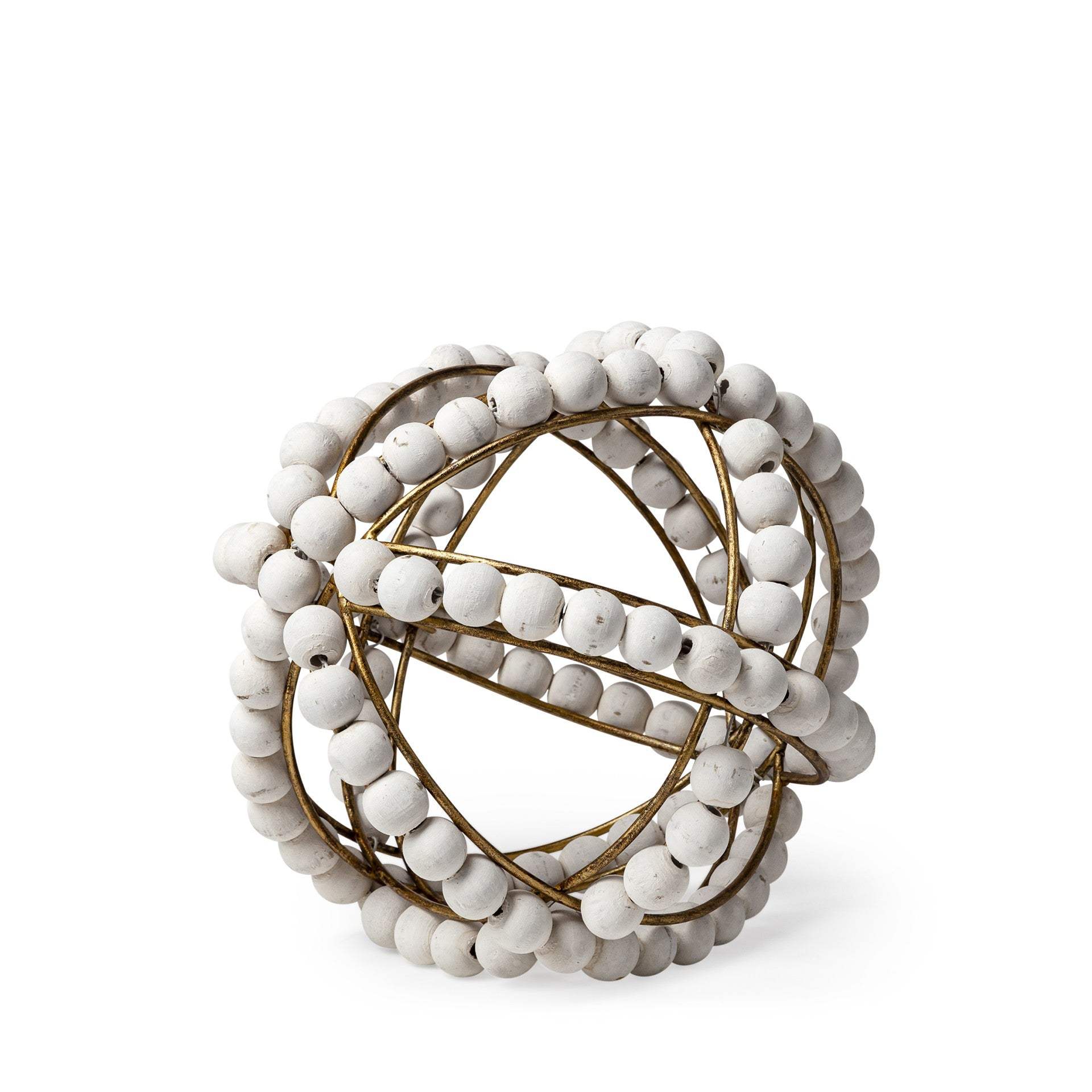 9" White Wooden Bead And Gold Orb Sculpture - Homeroots - Flyclothing LLC