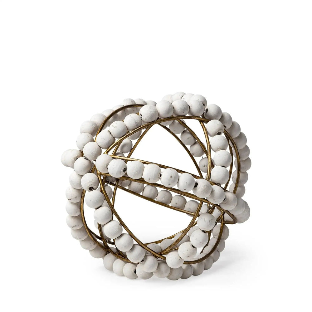 9" White Wooden Bead And Gold Orb Sculpture - Homeroots