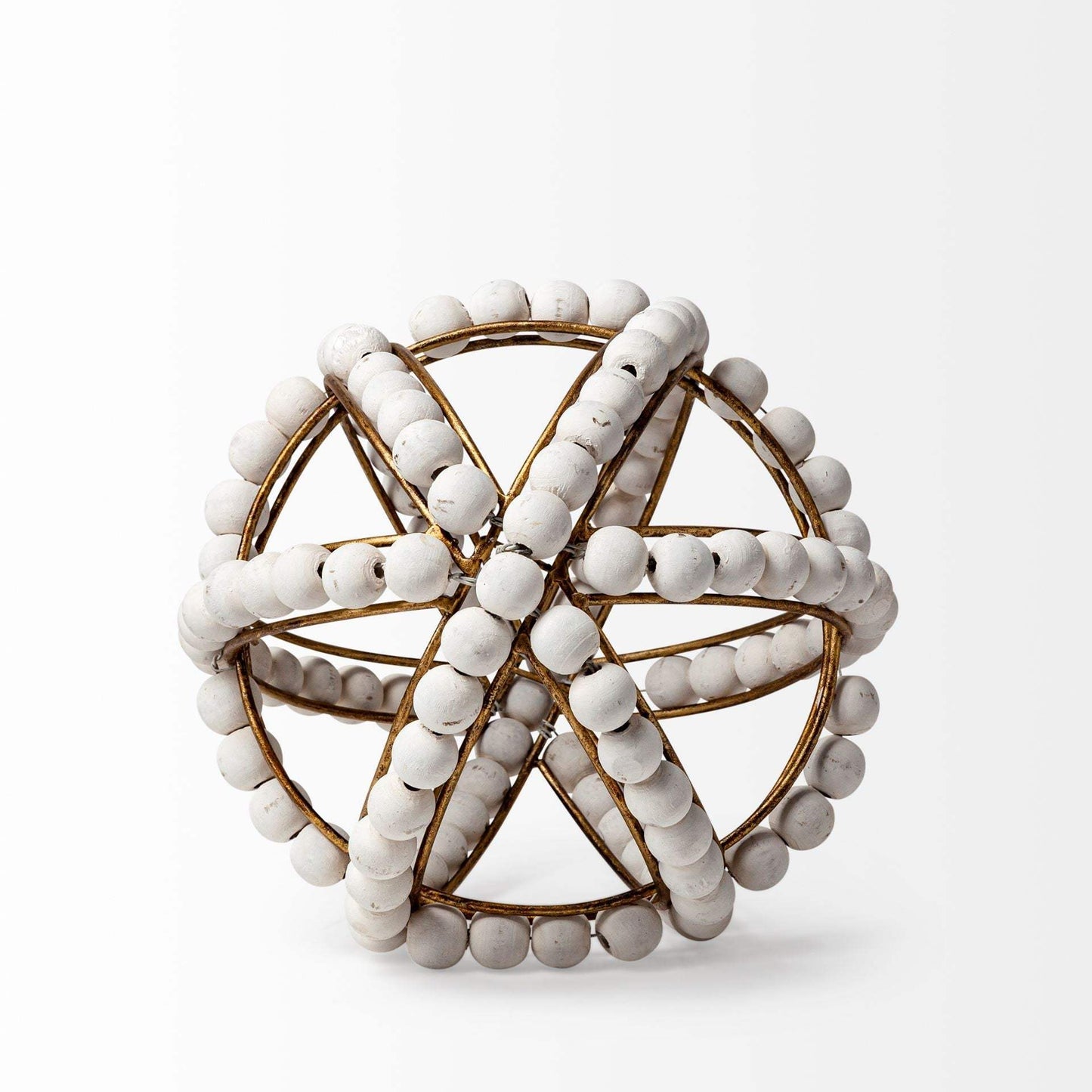 9" White Wooden Bead And Gold Orb Sculpture - Homeroots - Flyclothing LLC