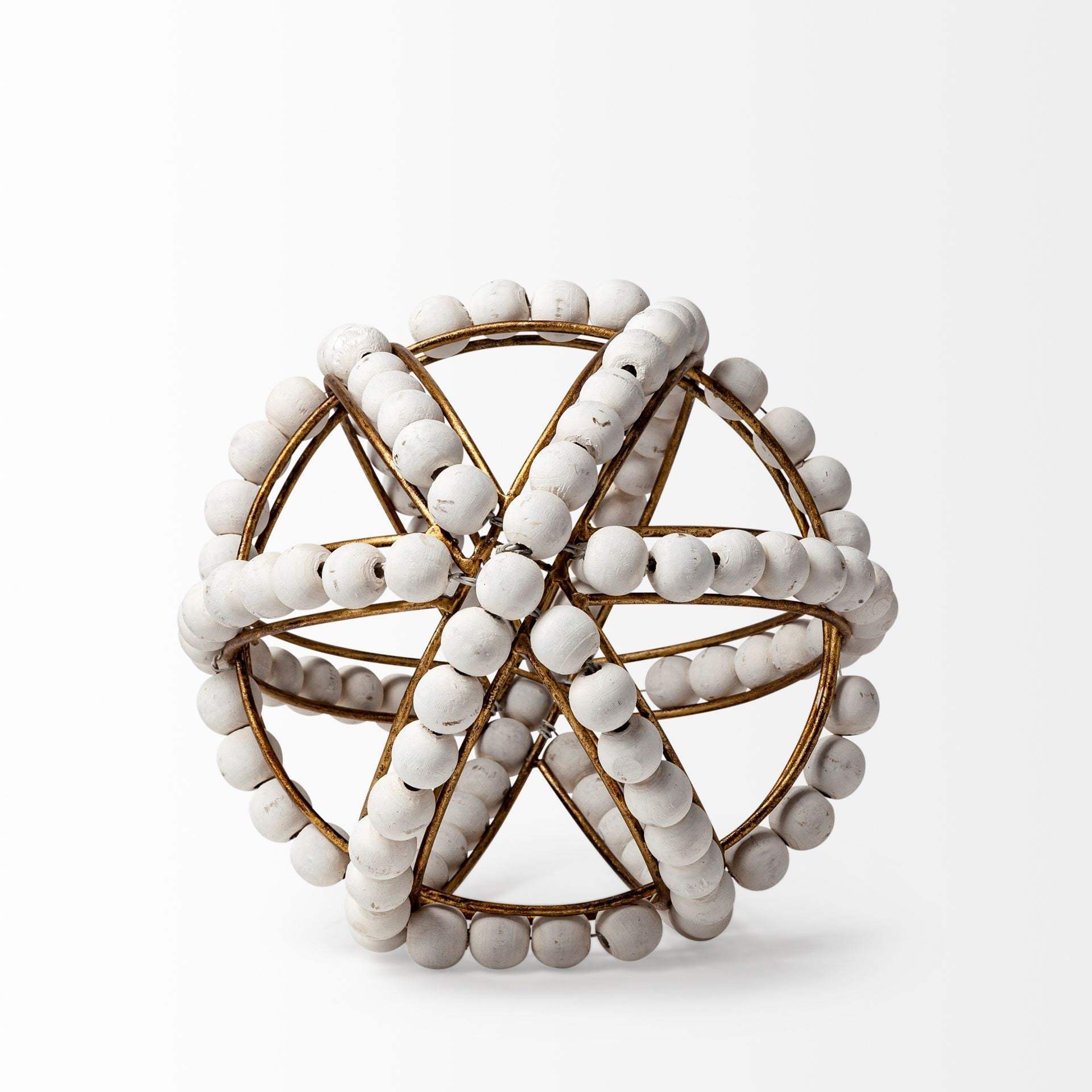 9" White Wooden Bead And Gold Orb Sculpture - Homeroots - Flyclothing LLC