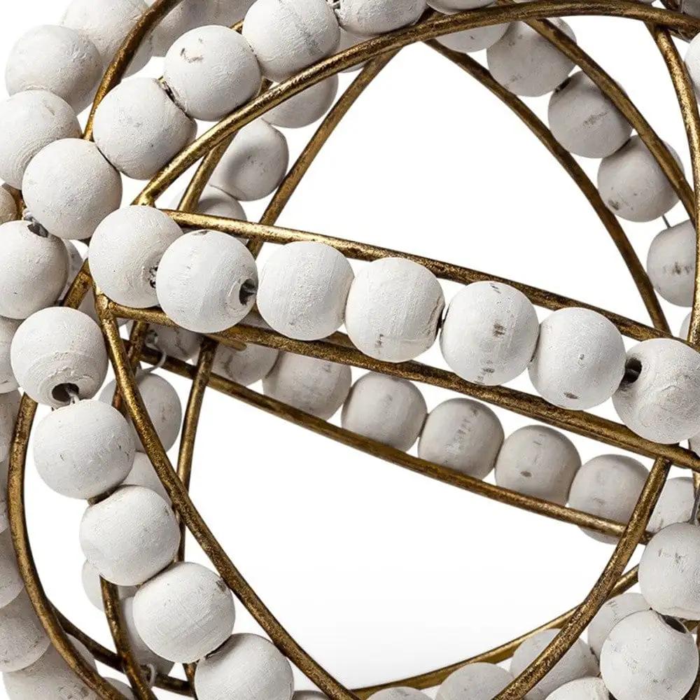 9" White Wooden Bead And Gold Orb Sculpture - Homeroots