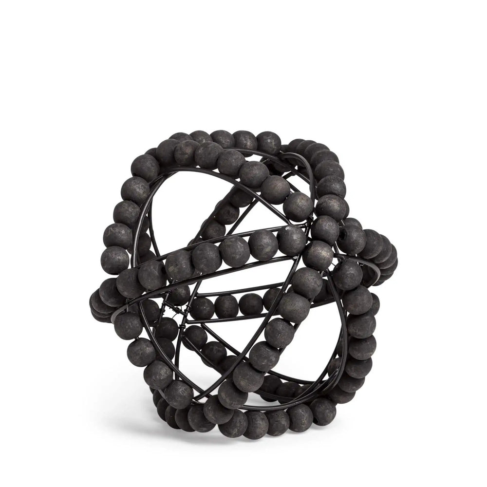 9" Black Wooden Bead And Metal Orb Sculpture - Homeroots