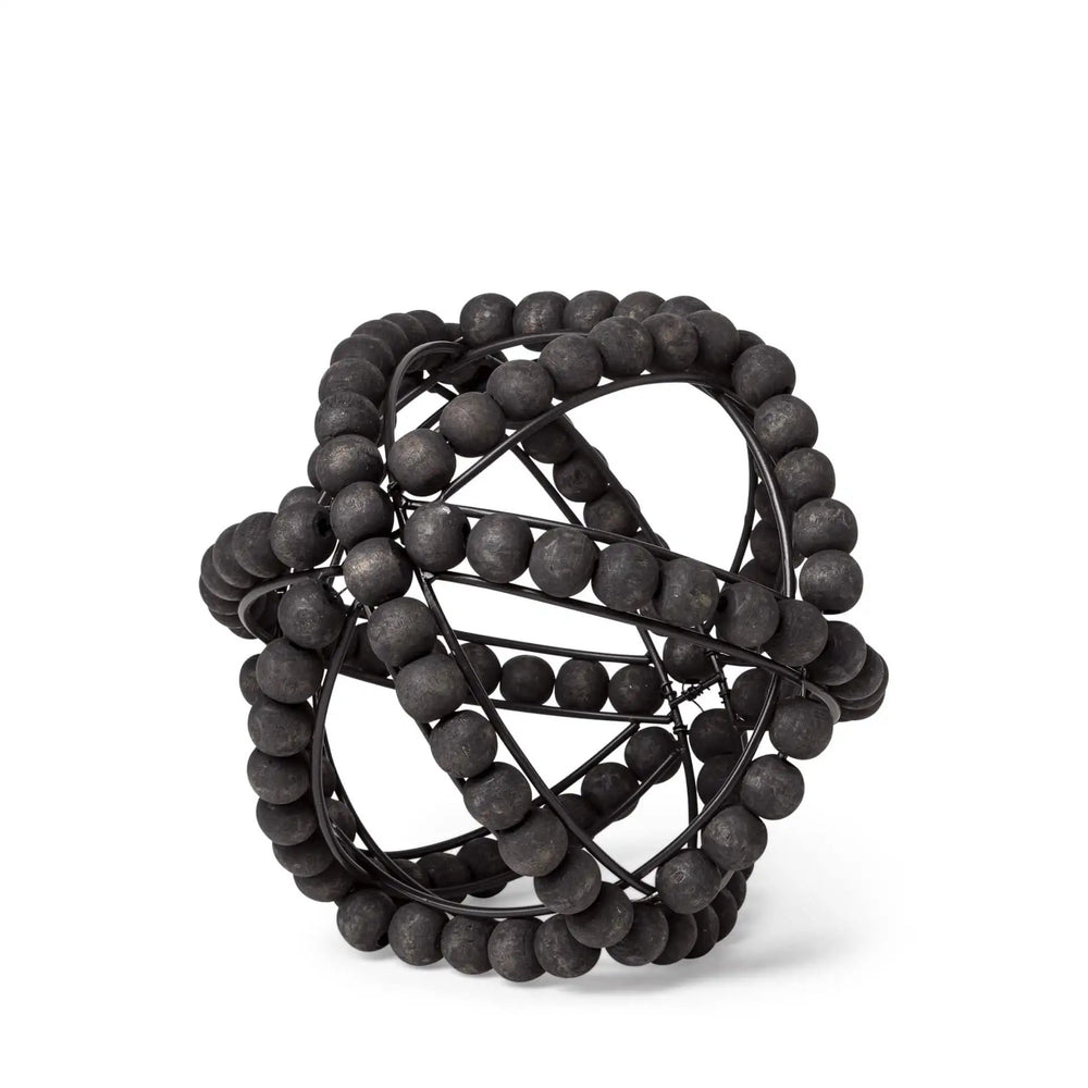 9" Black Wooden Bead And Metal Orb Sculpture - Homeroots