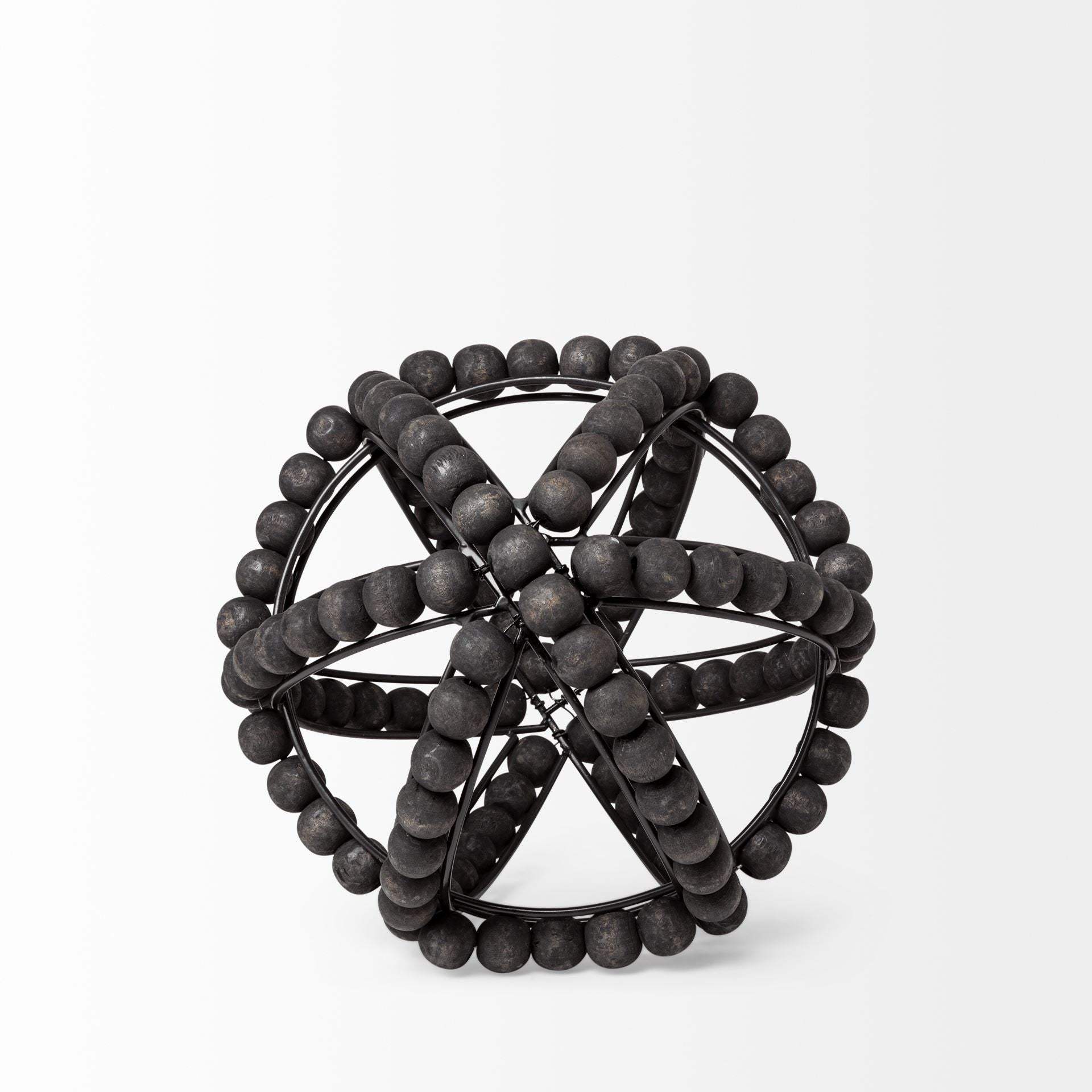 9" Black Wooden Bead And Metal Orb Sculpture - Homeroots - Flyclothing LLC