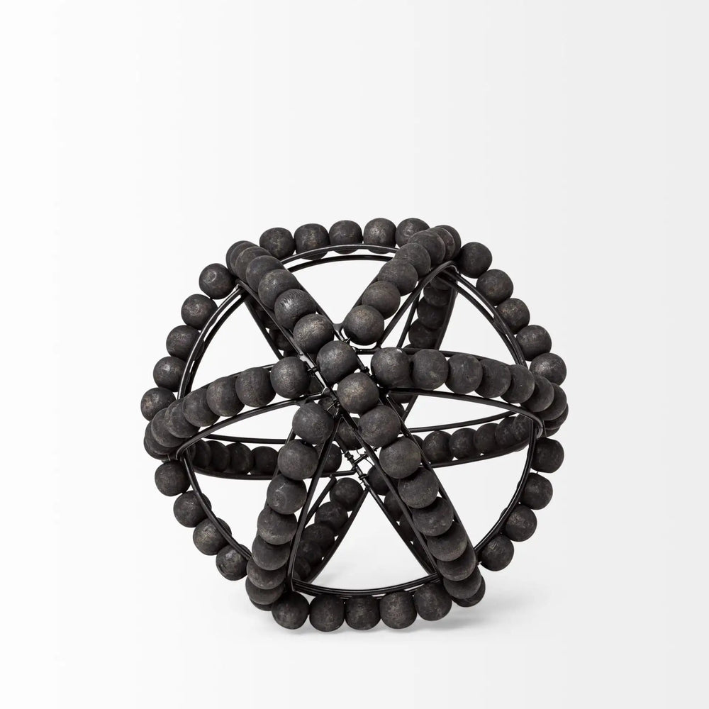9" Black Wooden Bead And Metal Orb Sculpture - Homeroots