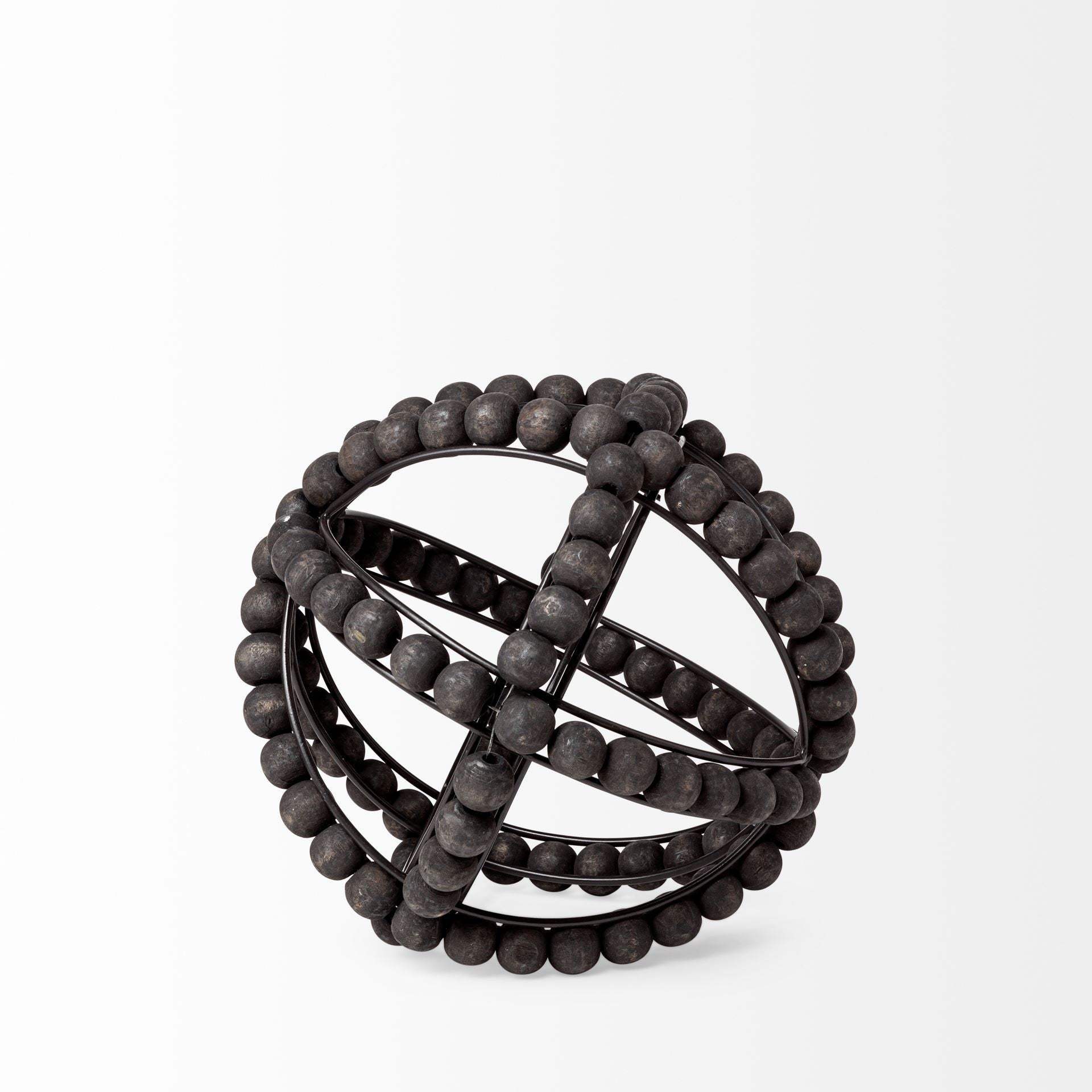 9" Black Wooden Bead And Metal Orb Sculpture - Homeroots - Flyclothing LLC