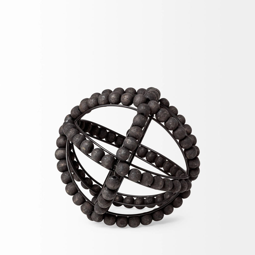 9" Black Wooden Bead And Metal Orb Sculpture - Homeroots