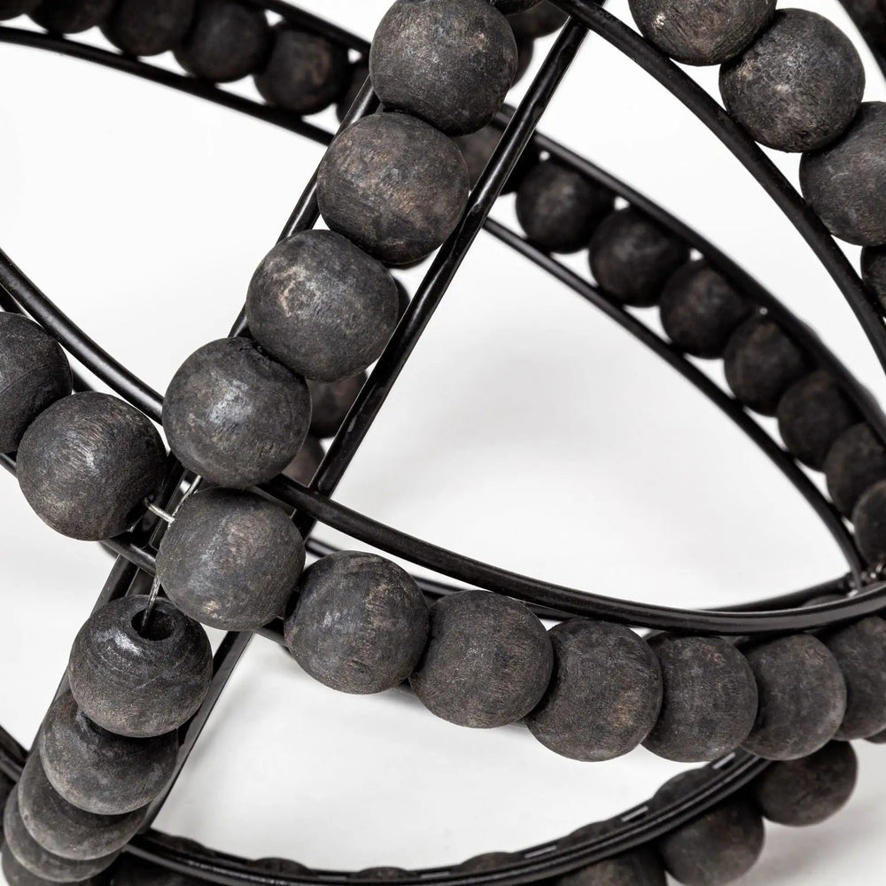 9" Black Wooden Bead And Metal Orb Sculpture - Homeroots
