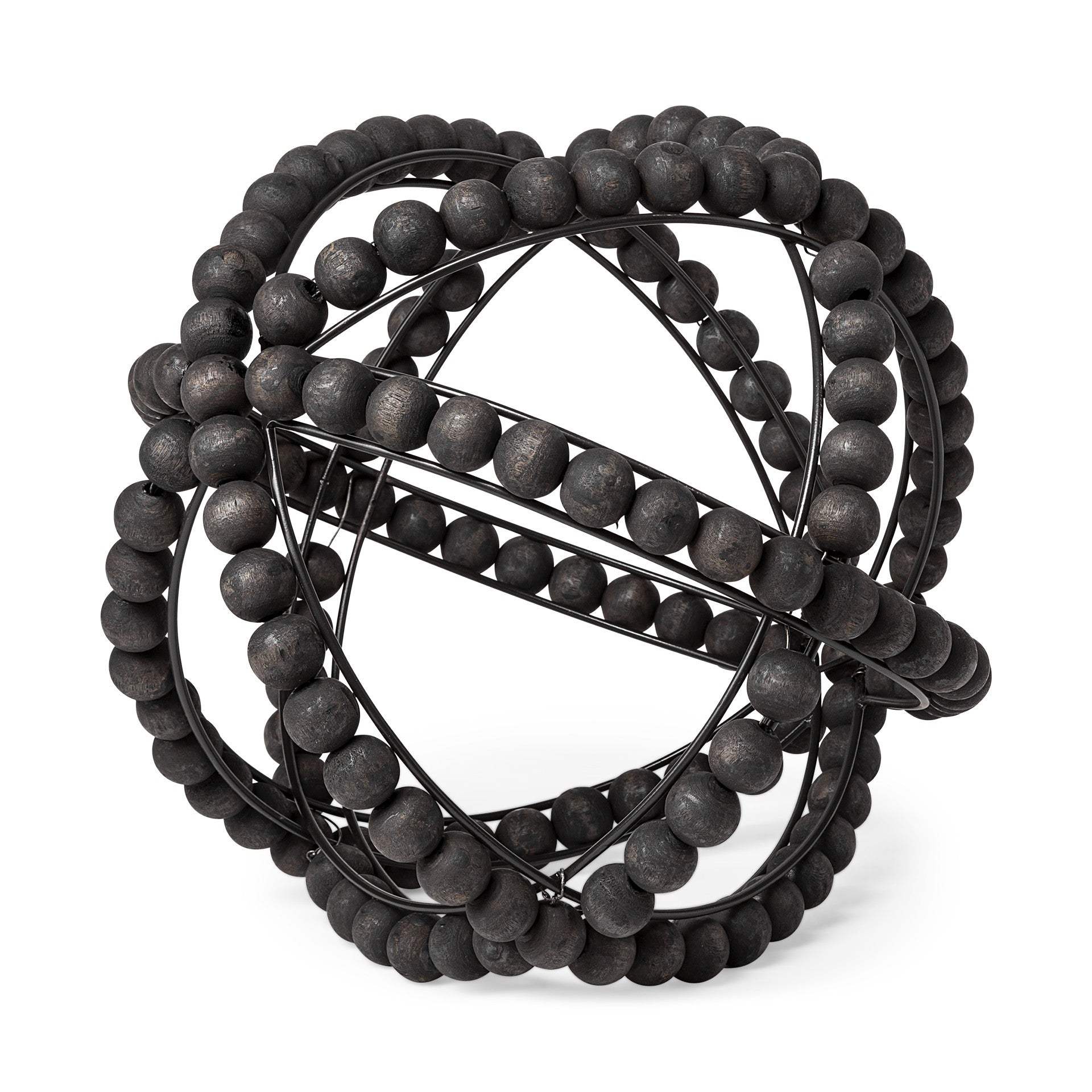 11" Black Wooden Bead And Metal Orb Sculpture - Homeroots - Flyclothing LLC