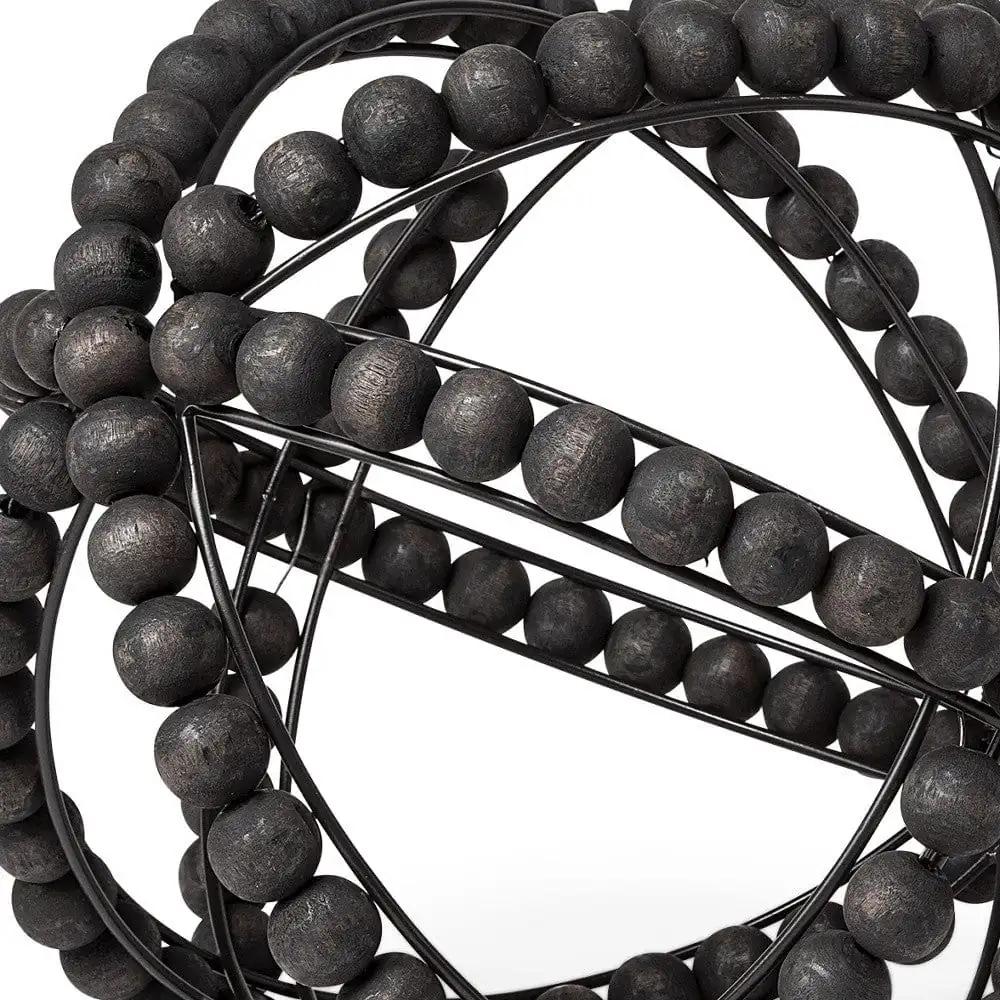 11" Black Wooden Bead And Metal Orb Sculpture - Homeroots