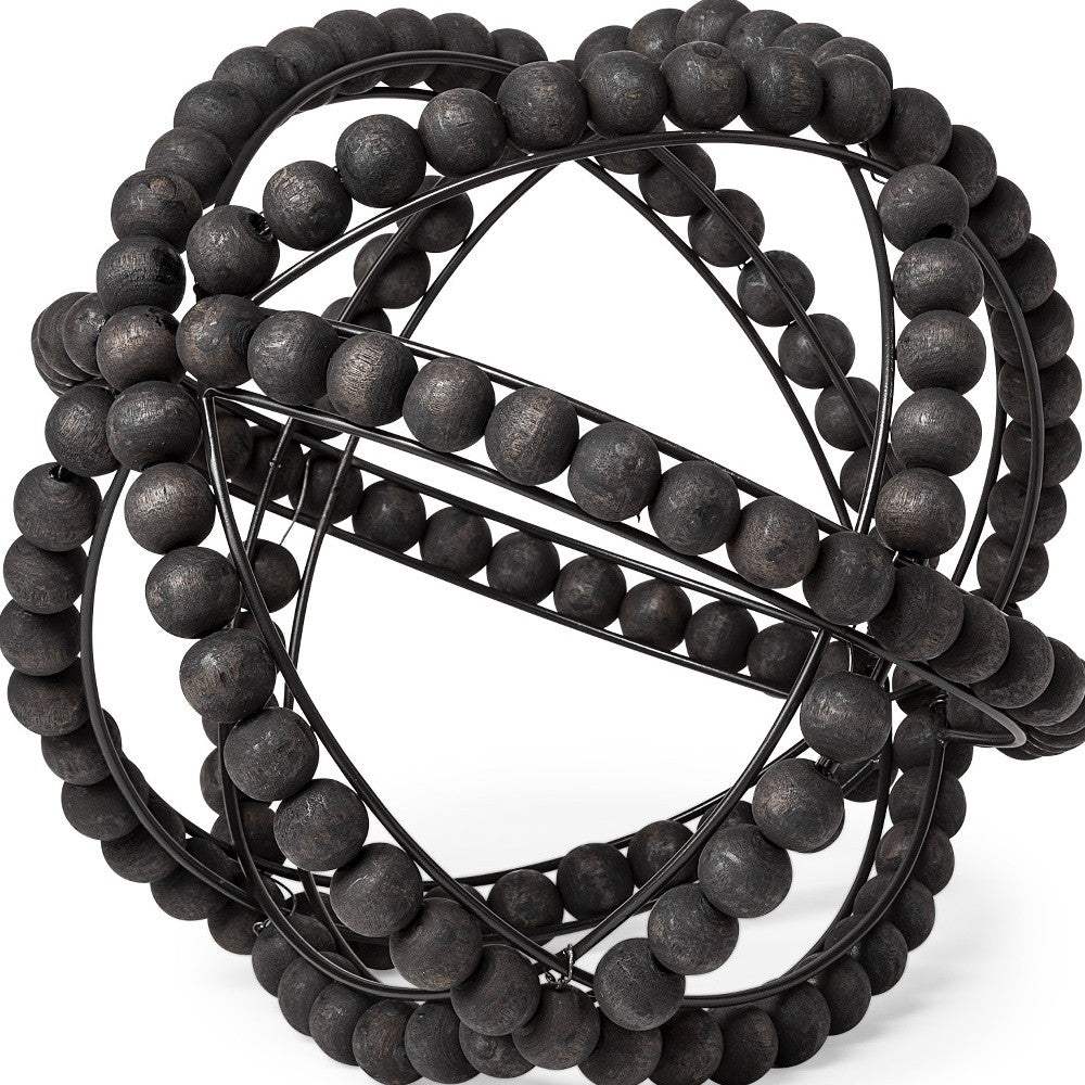 11" Black Wooden Bead And Metal Orb Sculpture - Homeroots - Flyclothing LLC