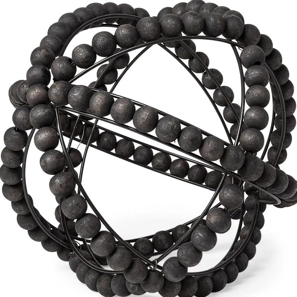 11" Black Wooden Bead And Metal Orb Sculpture - Homeroots