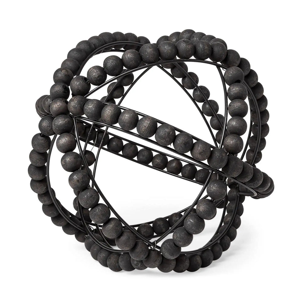11" Black Wooden Bead And Metal Orb Sculpture - Homeroots