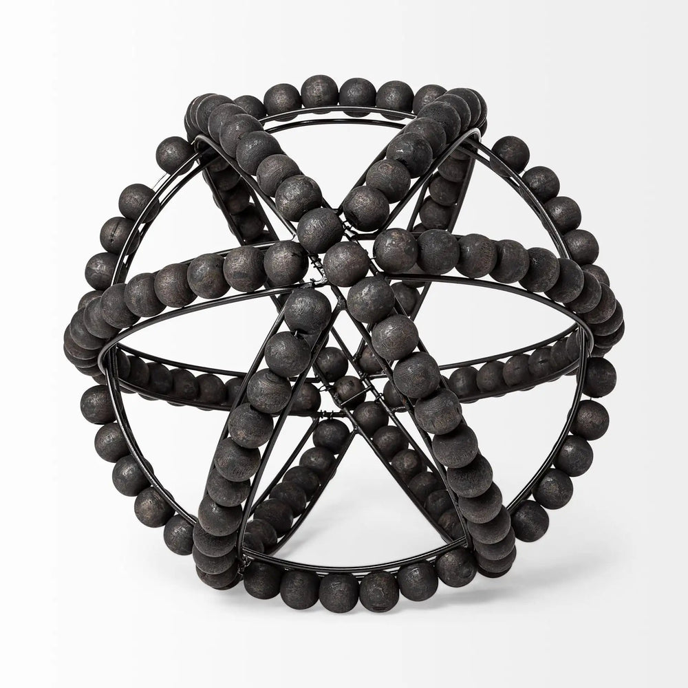 11" Black Wooden Bead And Metal Orb Sculpture - Homeroots