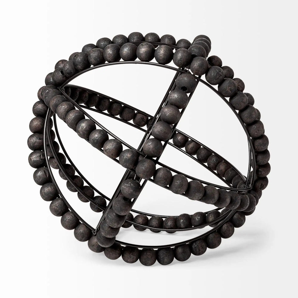 11" Black Wooden Bead And Metal Orb Sculpture - Homeroots