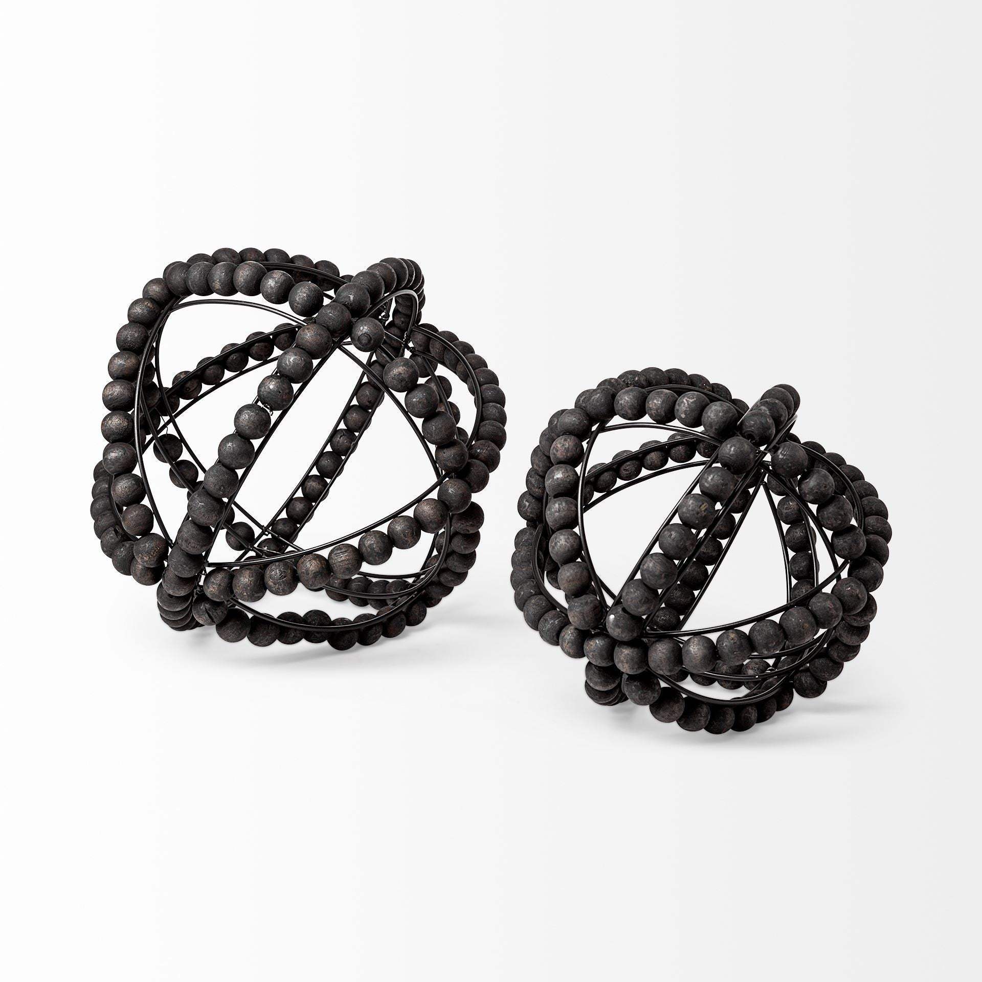 11" Black Wooden Bead And Metal Orb Sculpture - Homeroots - Flyclothing LLC