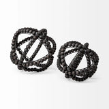 11" Black Wooden Bead And Metal Orb Sculpture - Homeroots