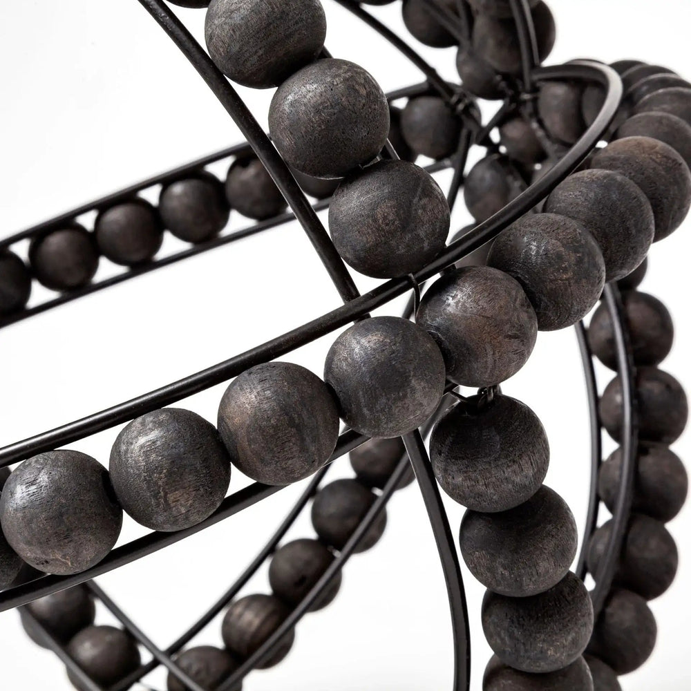 11" Black Wooden Bead And Metal Orb Sculpture - Homeroots