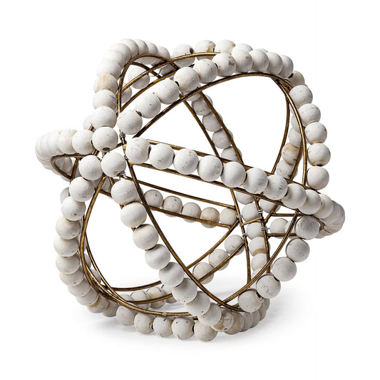 11" White Wood Bead And Gold Orb Sculpture - Homeroots