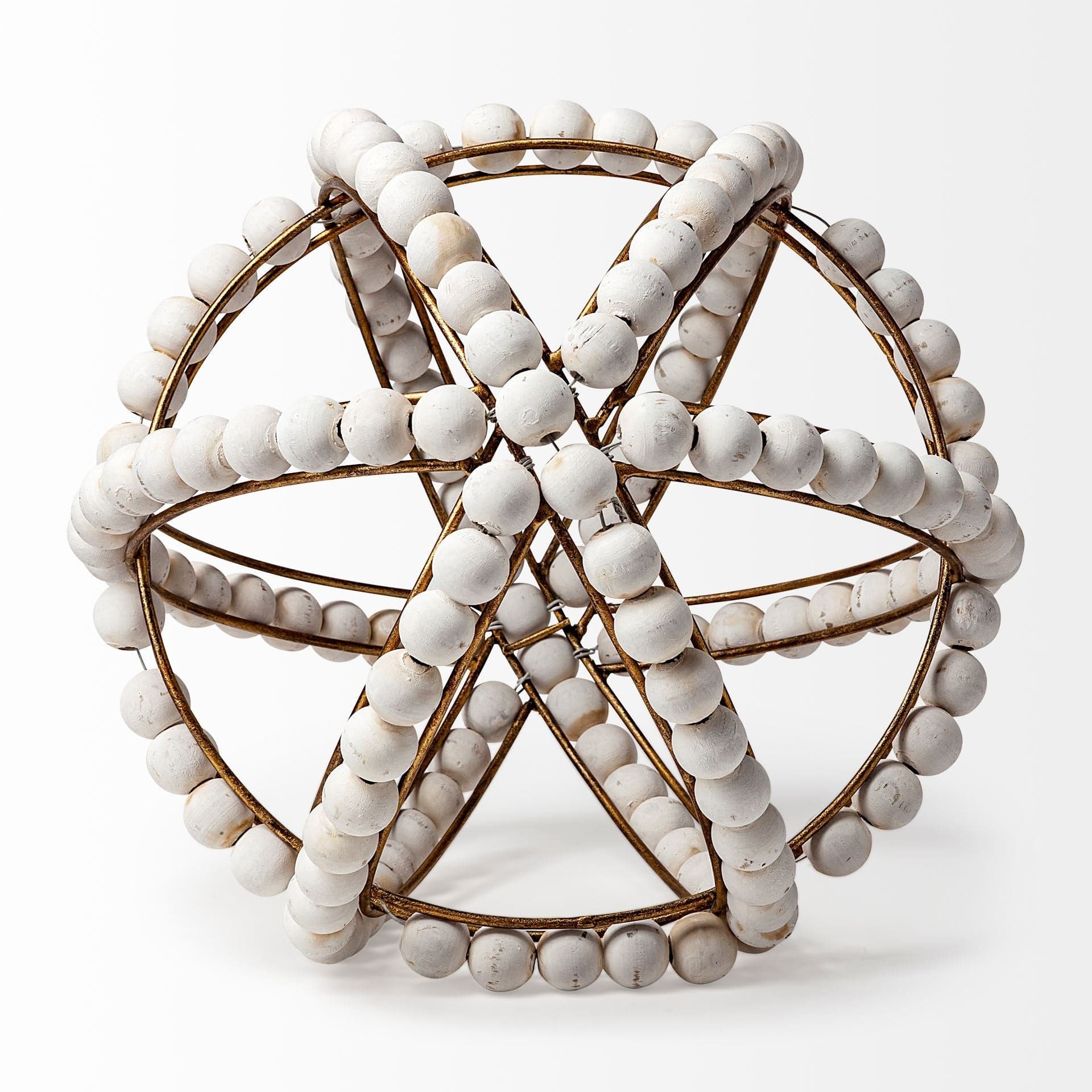 11" White Wood Bead And Gold Orb Sculpture - Homeroots - Flyclothing LLC