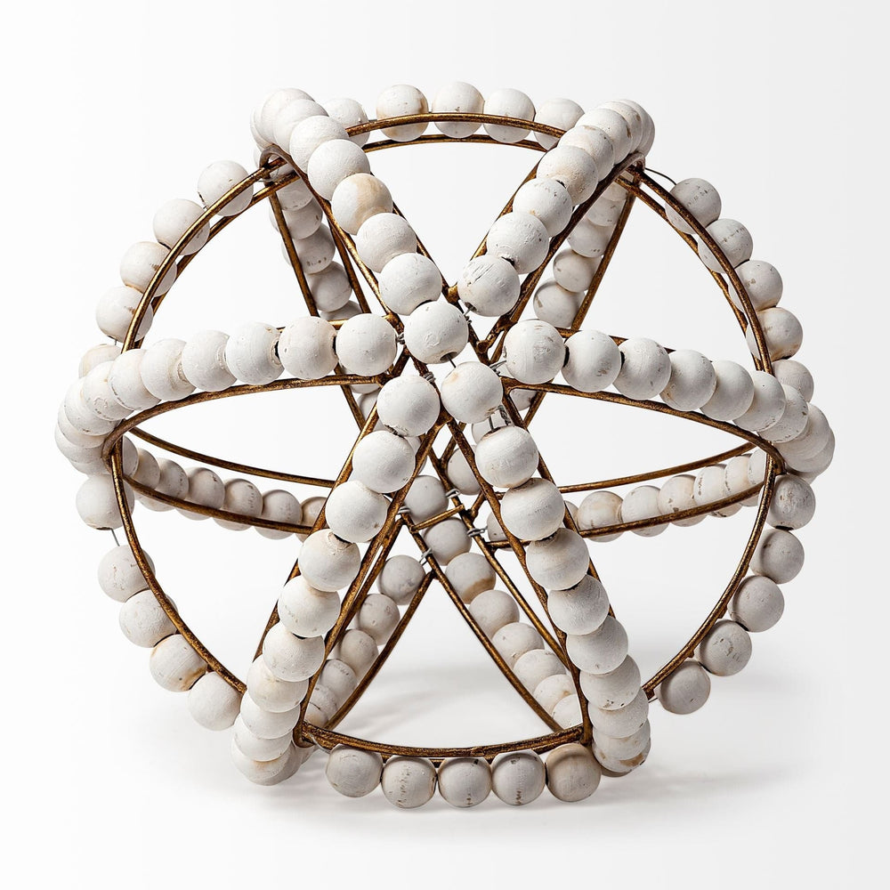 11" White Wood Bead And Gold Orb Sculpture - Homeroots