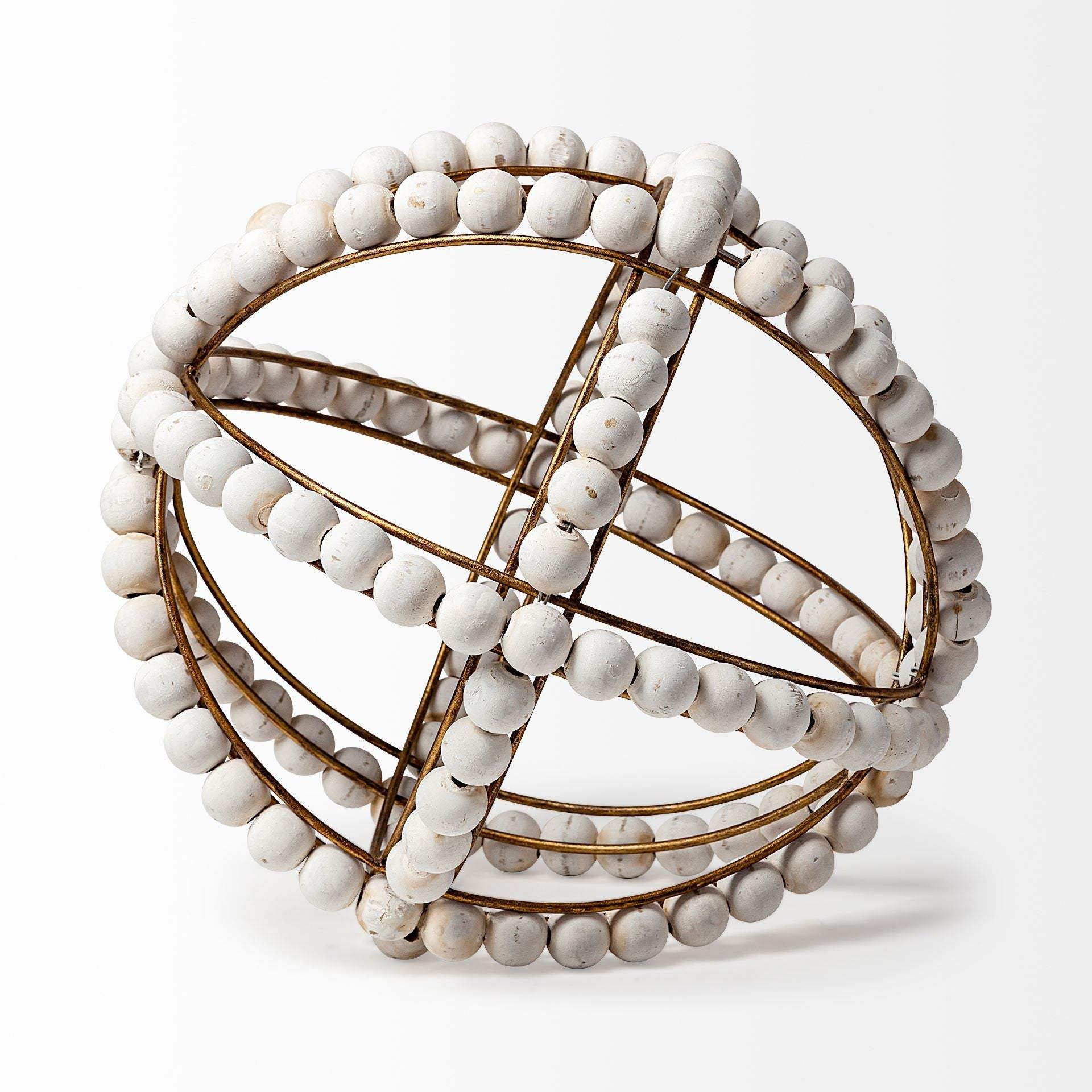11" White Wood Bead And Gold Orb Sculpture - Homeroots - Flyclothing LLC