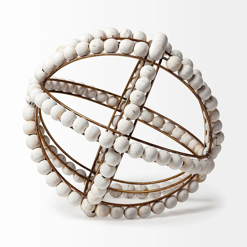 11" White Wood Bead And Gold Orb Sculpture - Homeroots