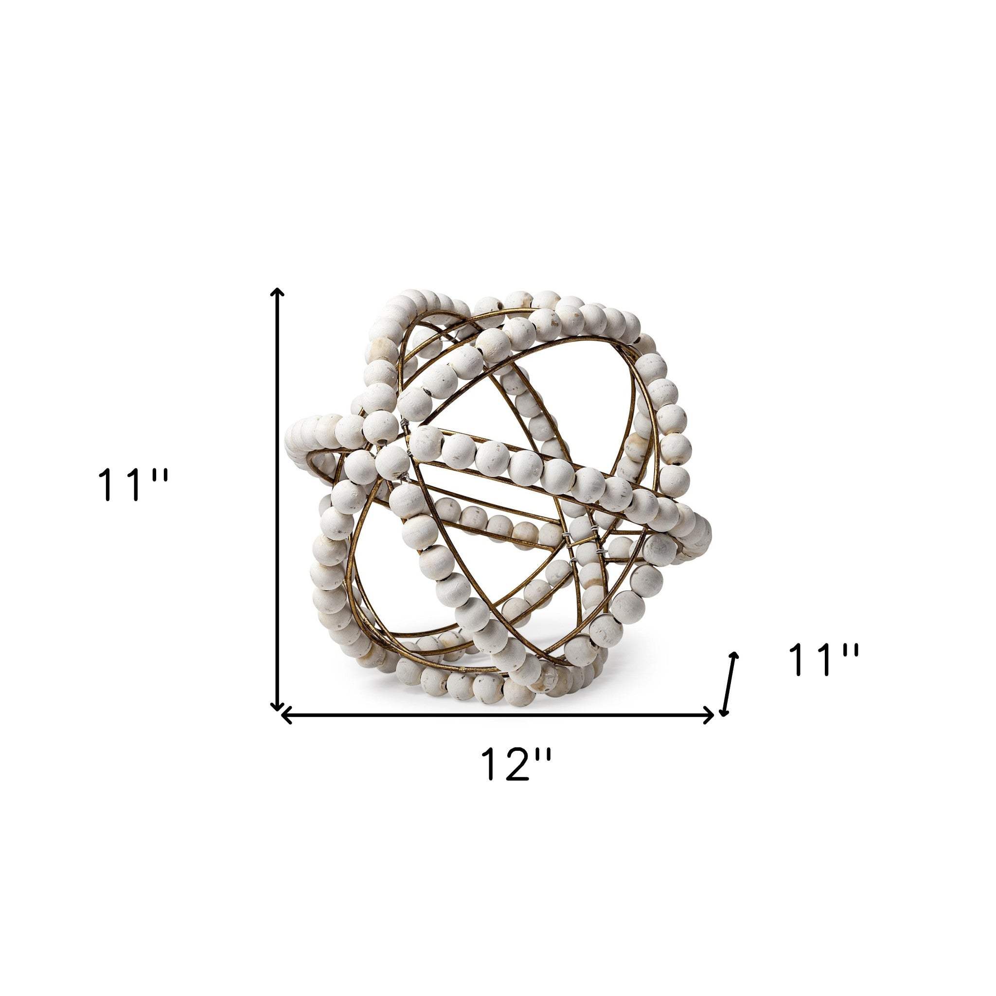 11" White Wood Bead And Gold Orb Sculpture - Homeroots - Flyclothing LLC