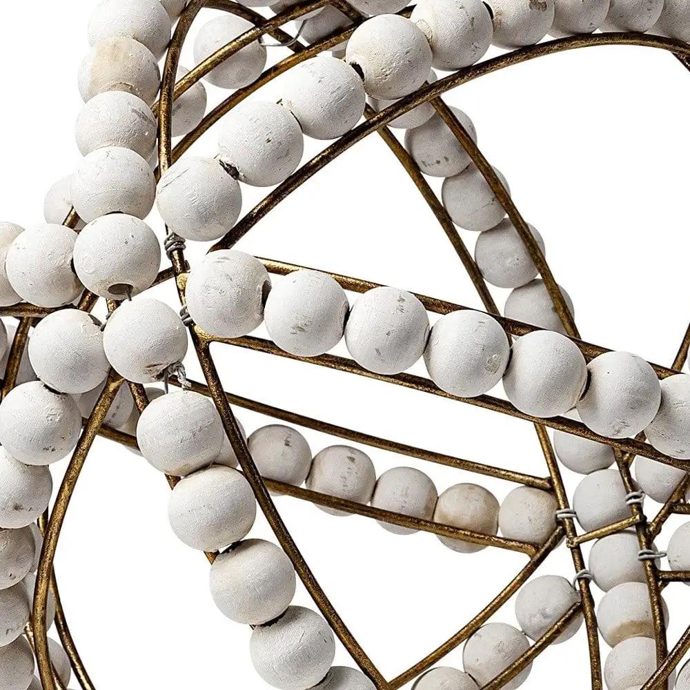 11" White Wood Bead And Gold Orb Sculpture - Homeroots