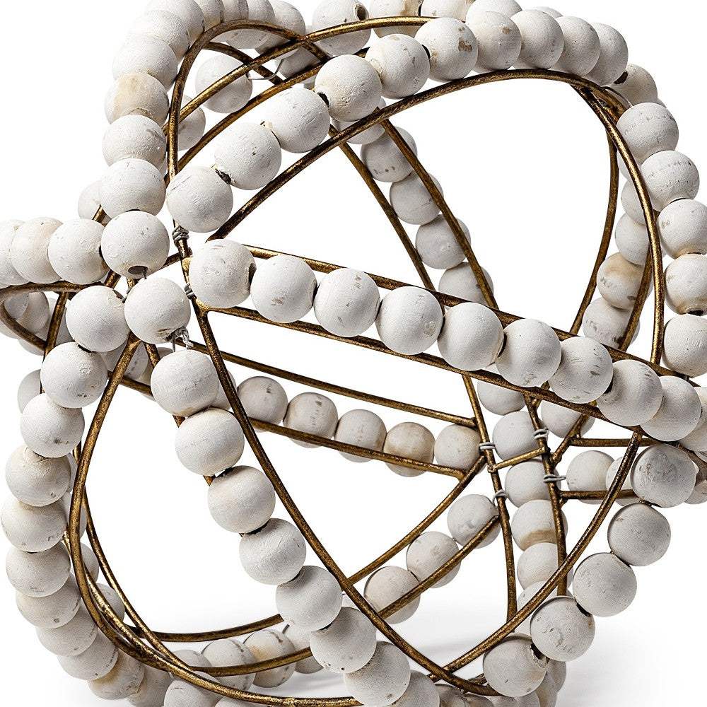 11" White Wood Bead And Gold Orb Sculpture - Homeroots - Flyclothing LLC