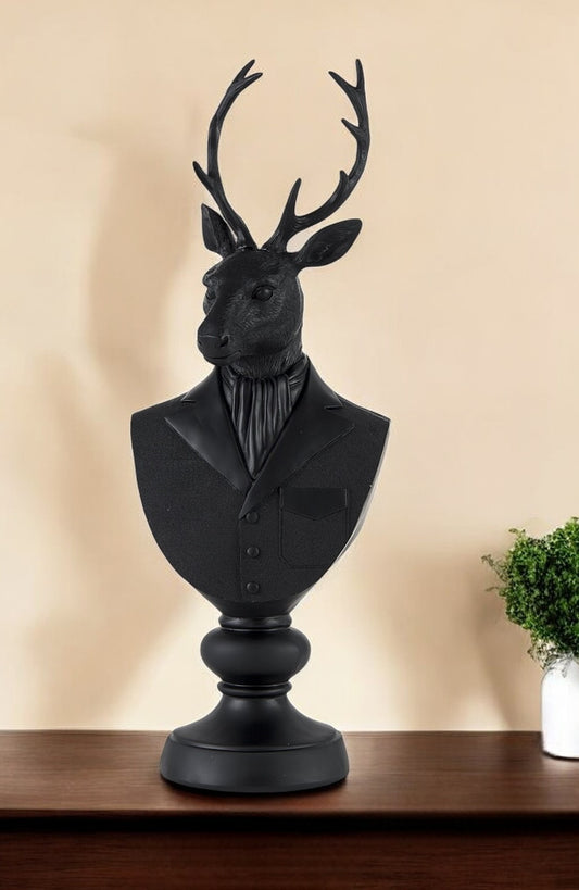 Black Resin Suited Deer Bust Sculpture