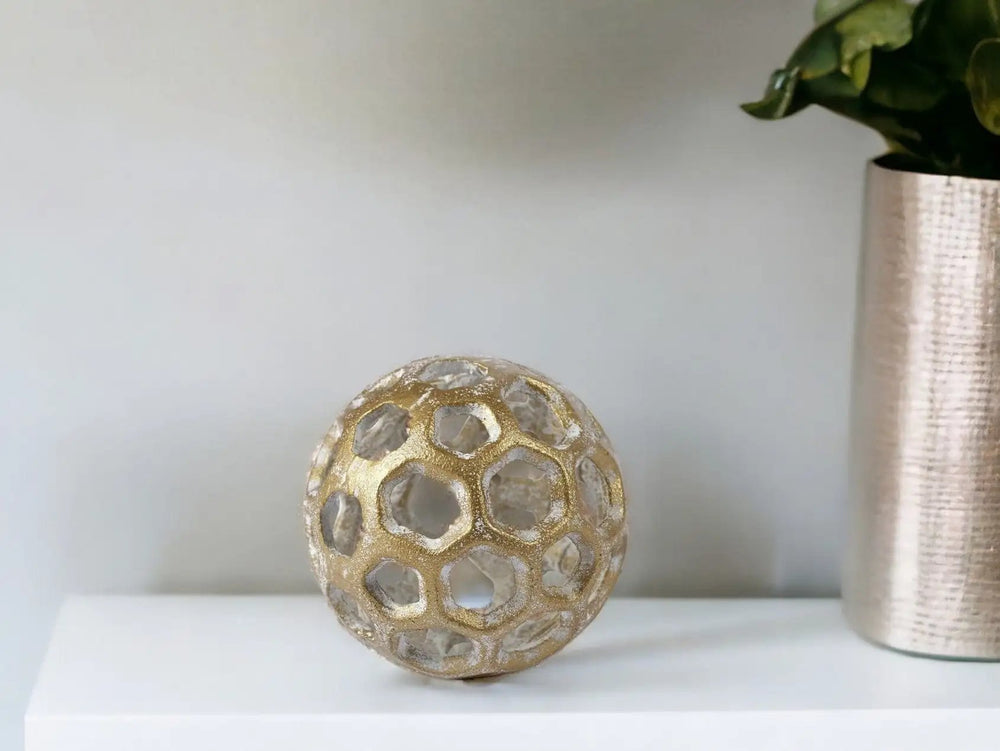 3" Gold Metal Decorative Orb Tabletop Sculpture - Homeroots