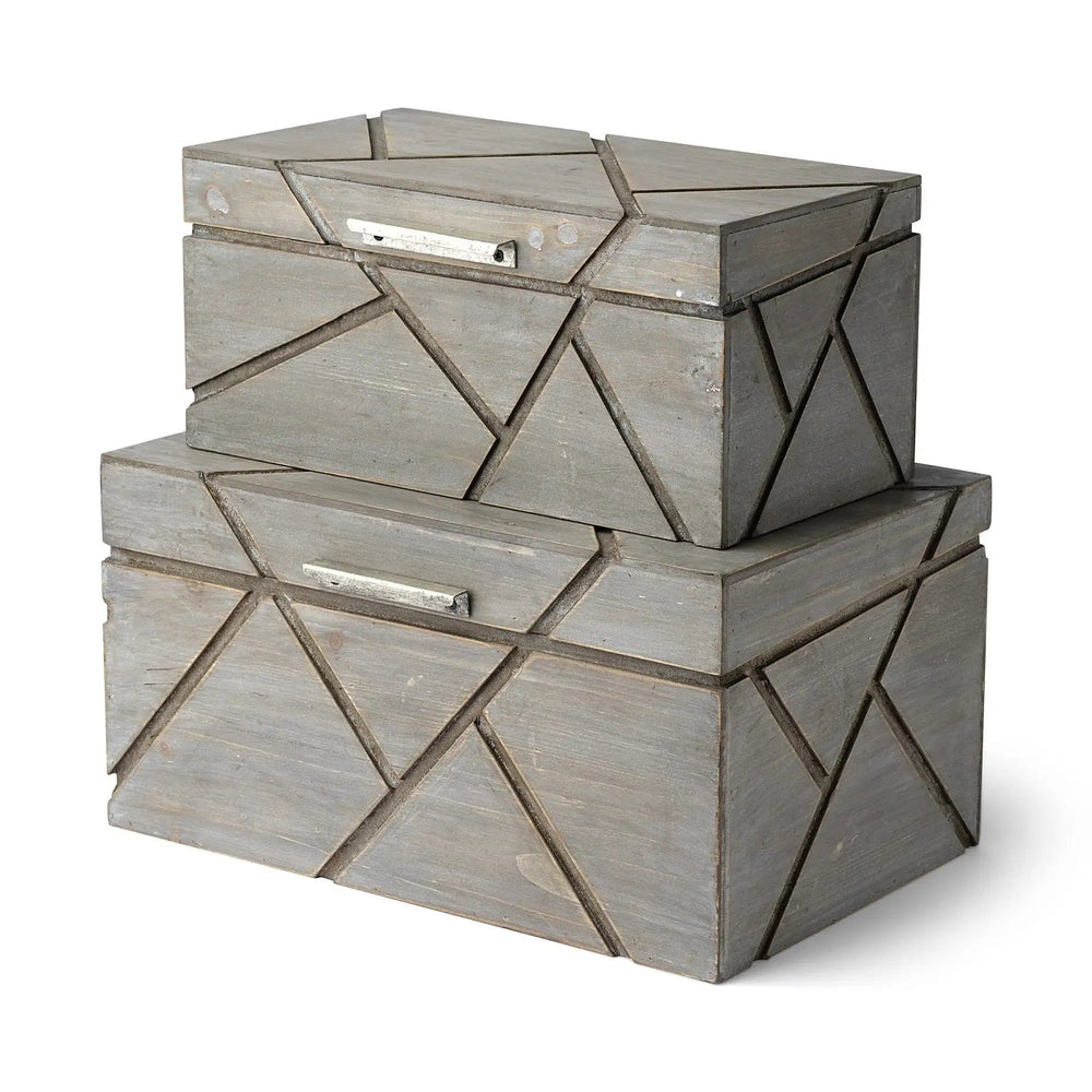 Set Of Two Gray Wooden Boxes With Carved Details - Homeroots