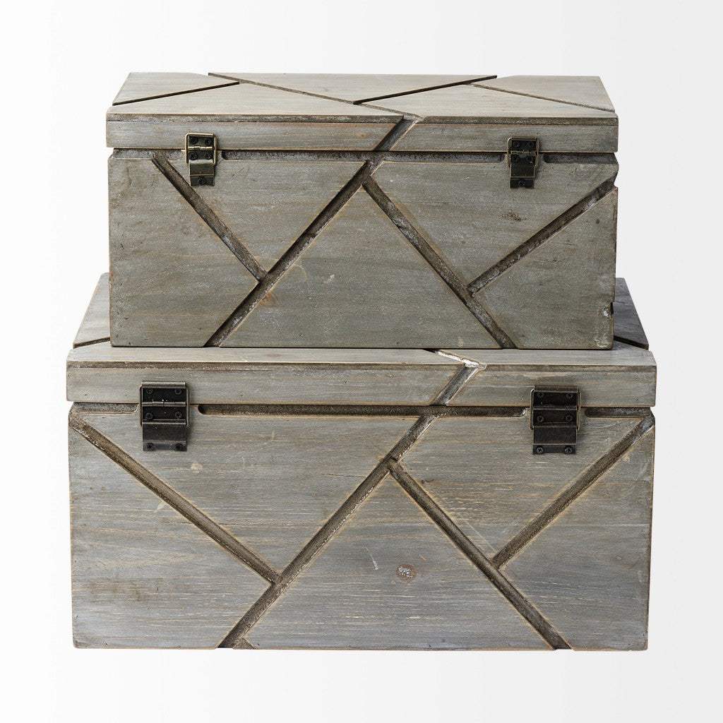Set Of Two Gray Wooden Boxes With Carved Details - Homeroots - Flyclothing LLC