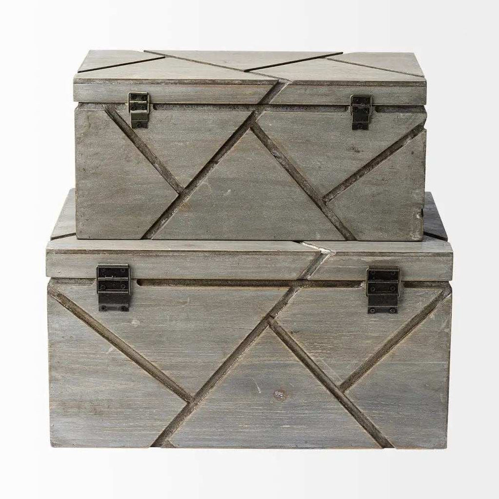 Set Of Two Gray Wooden Boxes With Carved Details - Homeroots - Flyclothing LLC