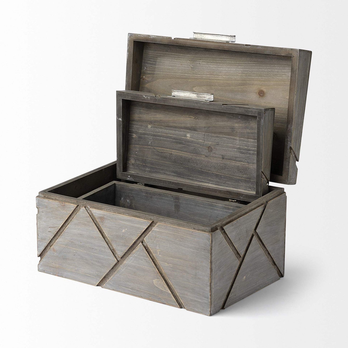 Set Of Two Gray Wooden Boxes With Carved Details - Homeroots - Flyclothing LLC