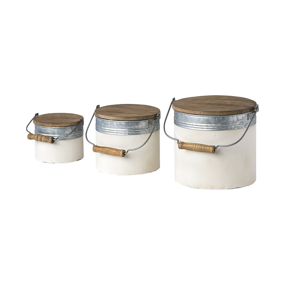 Set Of Three Rustic White Metal Storage Cans - Homeroots