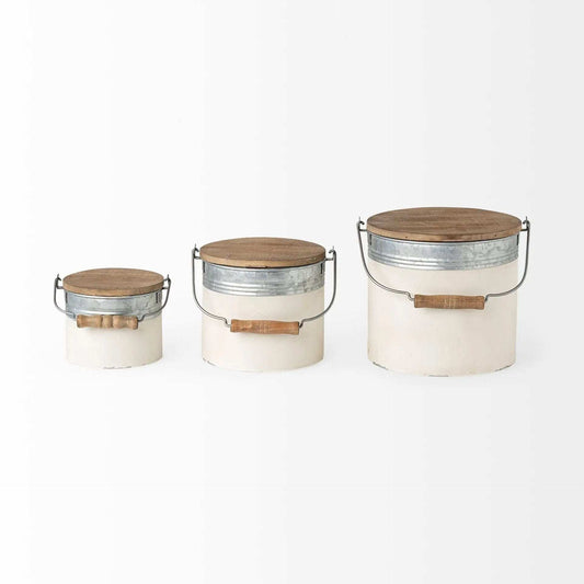 Set Of Three Rustic White Metal Storage Cans - Homeroots - Flyclothing LLC