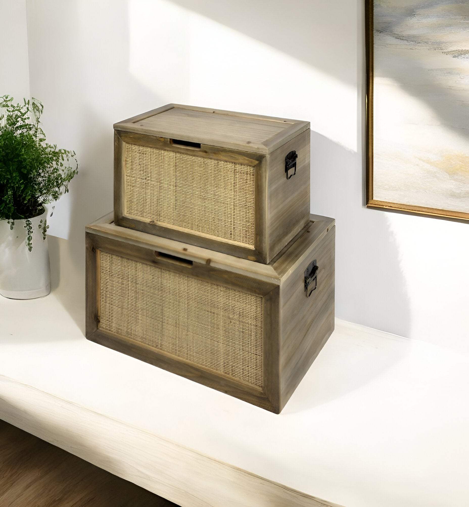 Set Of Two Brown and Natural Wood And Cane Storage Boxes - Homeroots - Flyclothing LLC