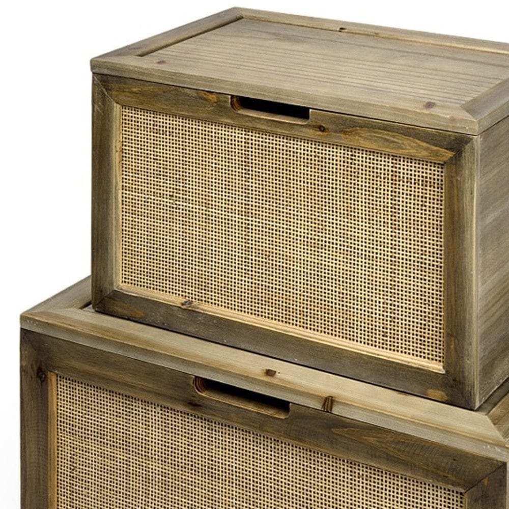 Set Of Two Brown and Natural Wood And Cane Storage Boxes - Homeroots - Flyclothing LLC