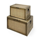 Set Of Two Brown and Natural Wood And Cane Storage Boxes - Homeroots