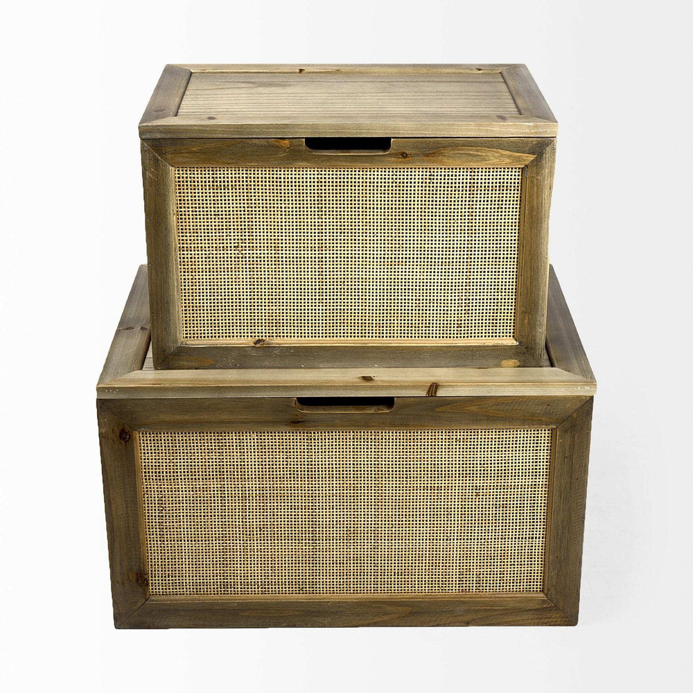Set Of Two Brown and Natural Wood And Cane Storage Boxes - Homeroots - Flyclothing LLC
