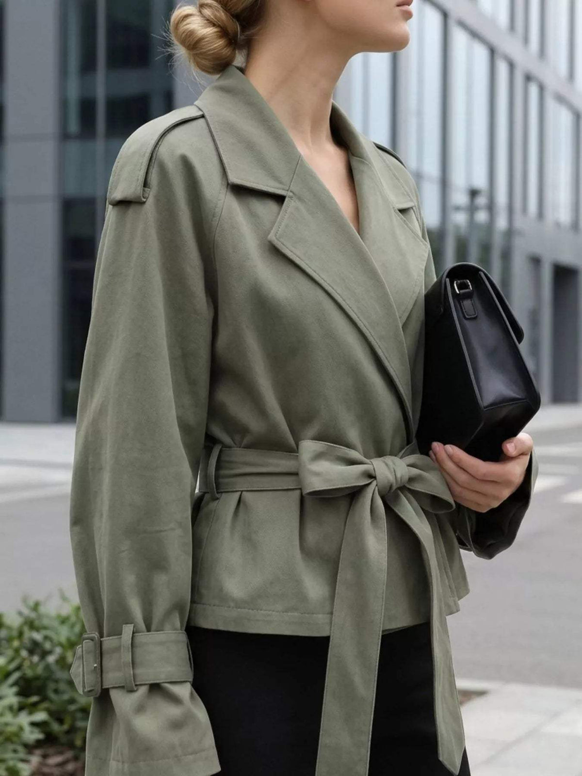 Lapel Collar Belted Cropped Trench - Trendsi - Flyclothing LLC