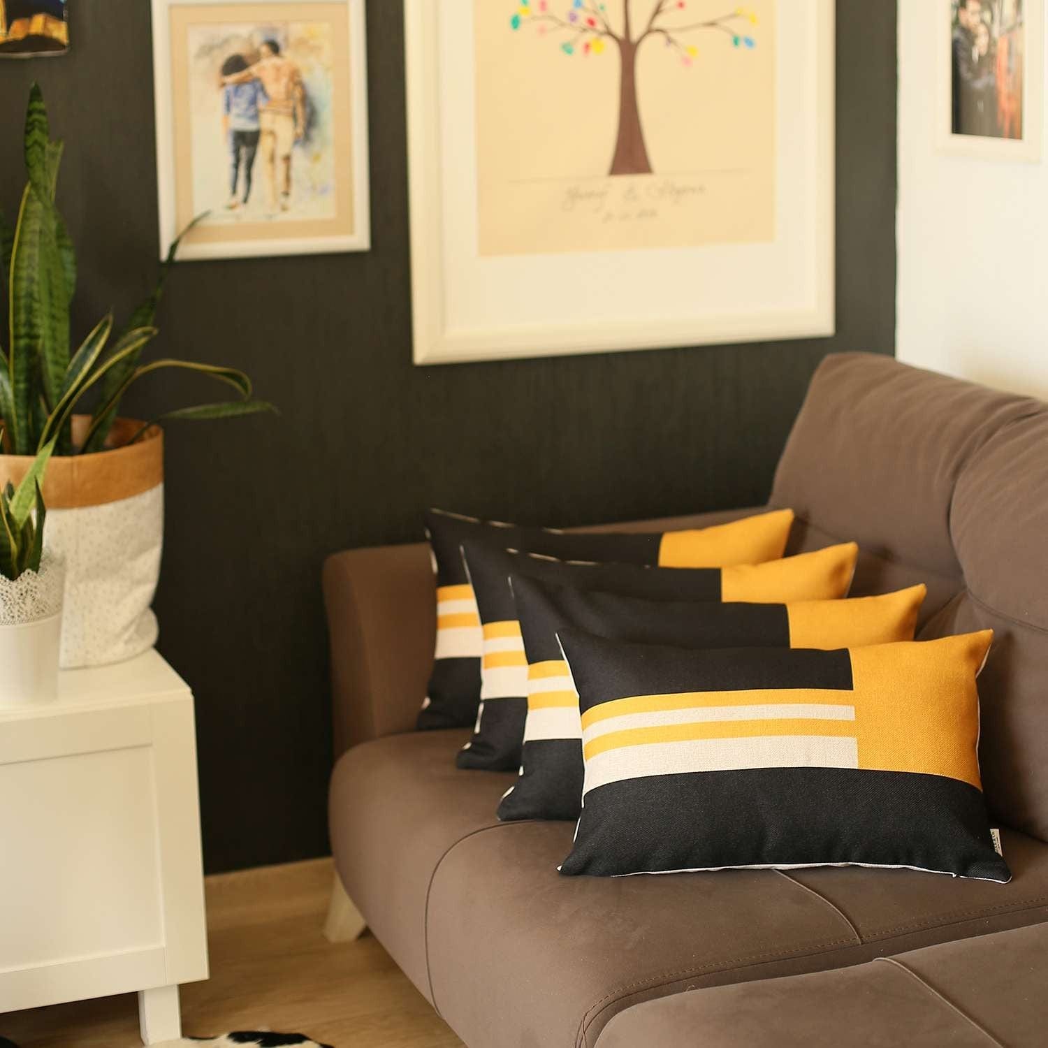 Set Of 4 Yellow And Black Lumbar Pillow Covers - Homeroots