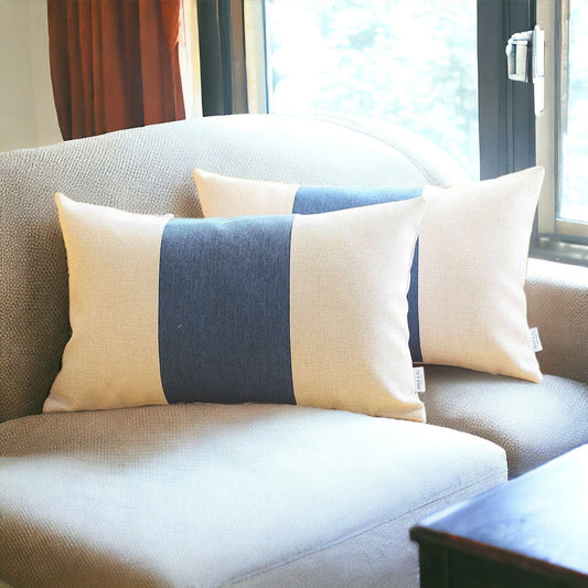 Set Of 2 Ivory And Blue Lumbar Pillow Covers - Homeroots