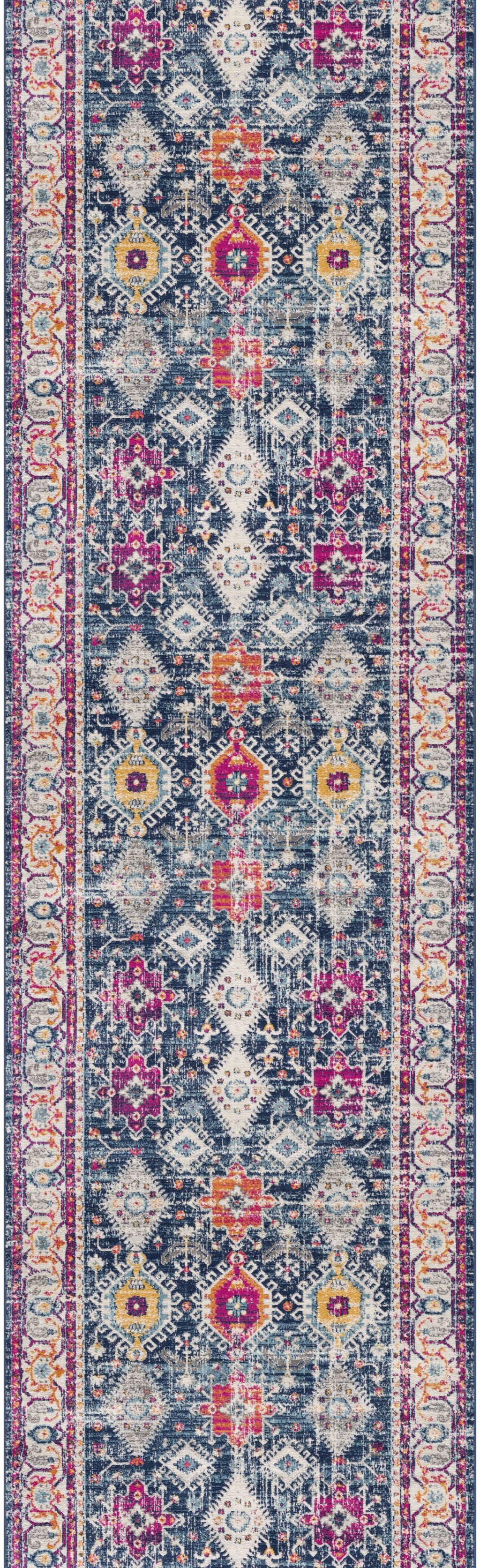 13' Runner Blue and Ivory Oriental Runner Rug