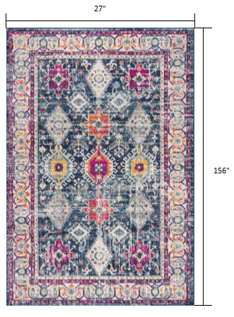 13' Runner Blue and Ivory Oriental Runner Rug