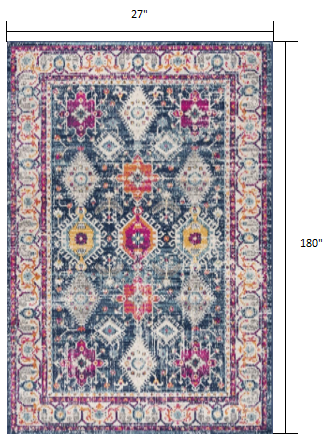 15' Runner Blue and Ivory Oriental Runner Rug