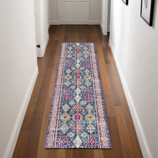 8' Runner Blue and Ivory Oriental Runner Rug