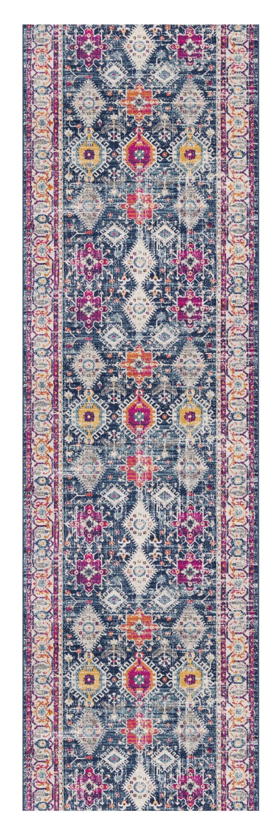 8' Runner Blue and Ivory Oriental Runner Rug